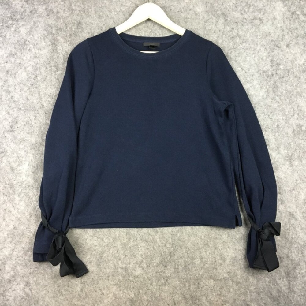 J Crew Sweater S Navy Blue Solid Crewneck Tie Ribbon Cuffs Casual Sweatshirt